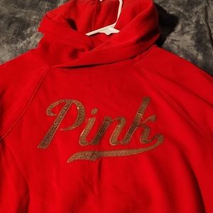 PINK Victoria's Secret Gold Glitter Logo Red Pullover Hoodie